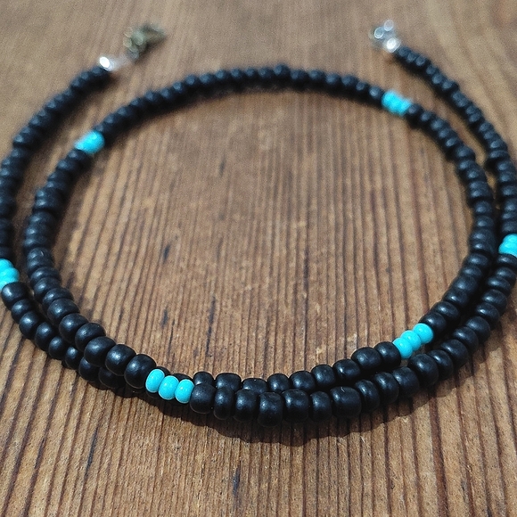 Black and Turquoise Beaded Necklace, Handmade Men's Necklace, 20 Inches Long - Picture 3 of 4
